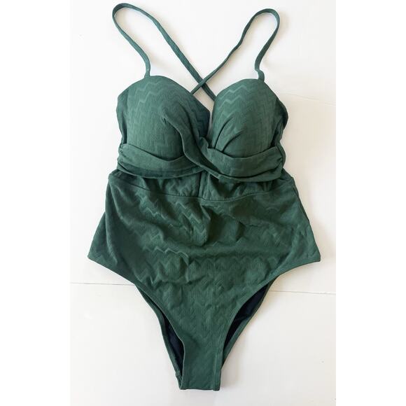 Cupshe One Piece Swimsuit Women Size XL Green Cross Back Texture Fabric - Picture 3 of 9